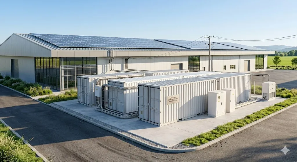 Battery energy storage system (BESS) installed in a commercial industrial facility with rooftop solar panels