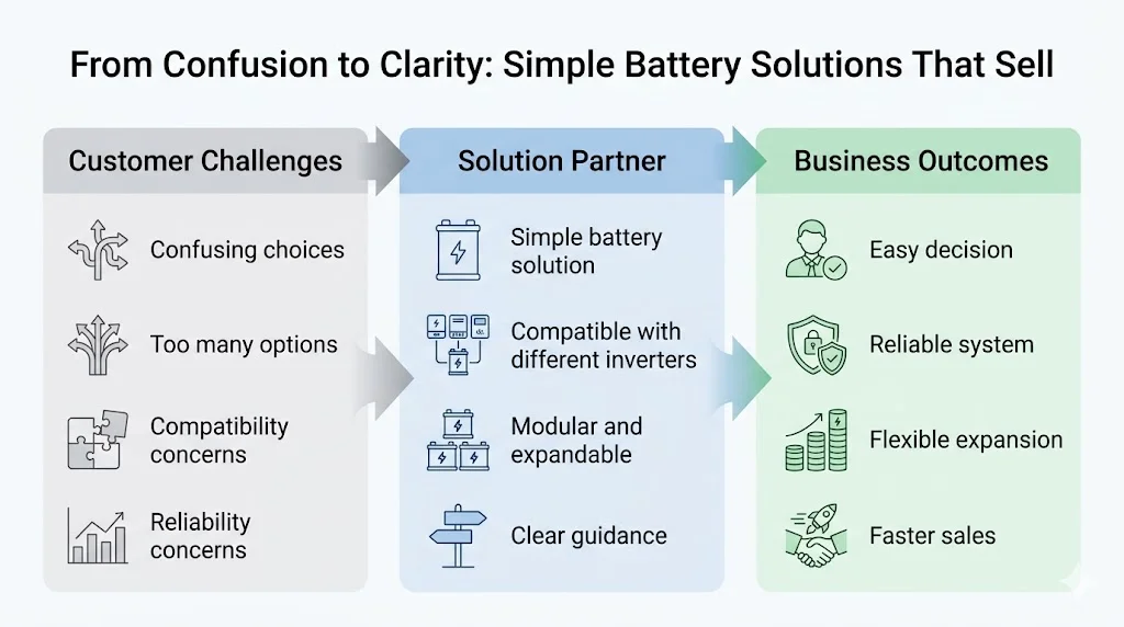 Infographic showing how simple residential battery solutions help customers move from confusion to clarity and make faster decisions