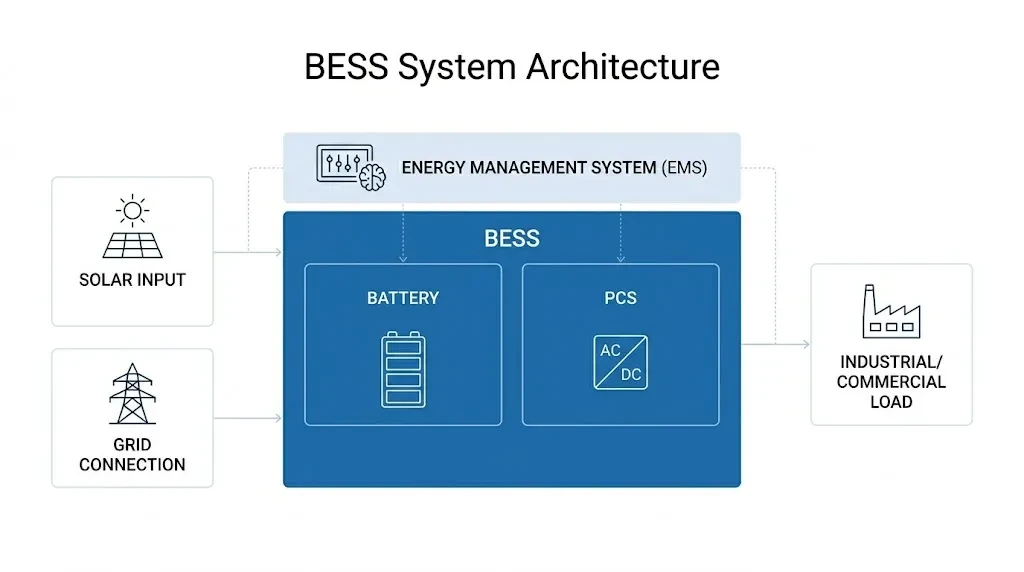 Battery energy storage system (BESS) architecture diagram showing battery, PCS, EMS, solar input, grid and industrial load