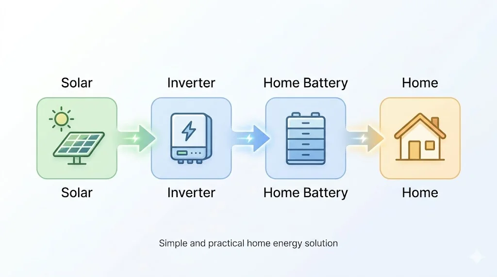 Simple residential solar battery system diagram showing solar panel, inverter, home battery and household energy usage