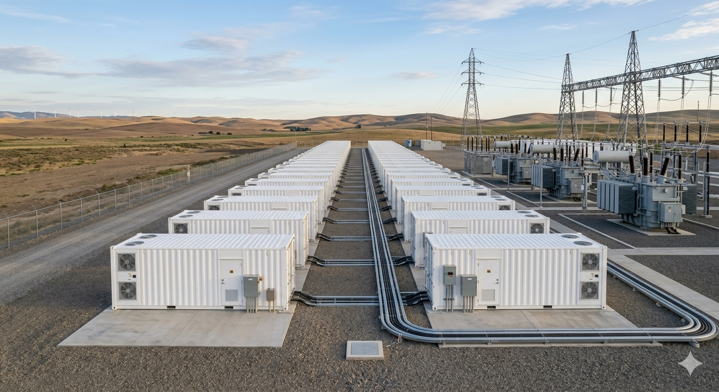 utility scale battery energy storage system installation with containerized battery units and substation infrastructure
